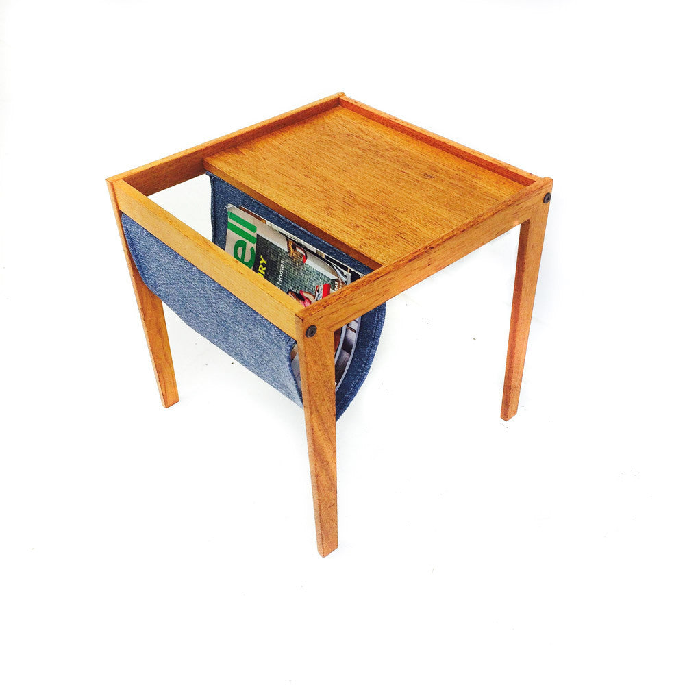 Mid Century Teak Magazine Holder/Side Table with Blue Cloth Sling