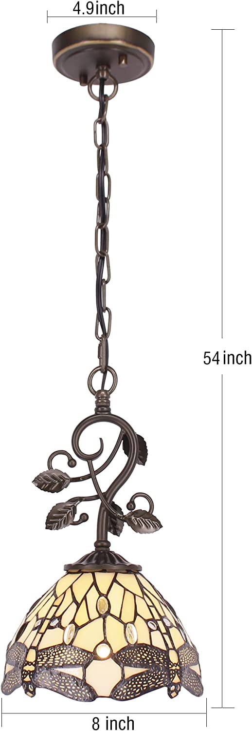 Werfactory® Tiffany Pendant Light - 8 Cream Stained Glass Dragonfly Hanging Lamp