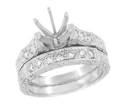 Art Deco Scrolls 1.75 Carat Diamond Engagement Ring Setting and Wedding Ring in 18 Karat White Gold