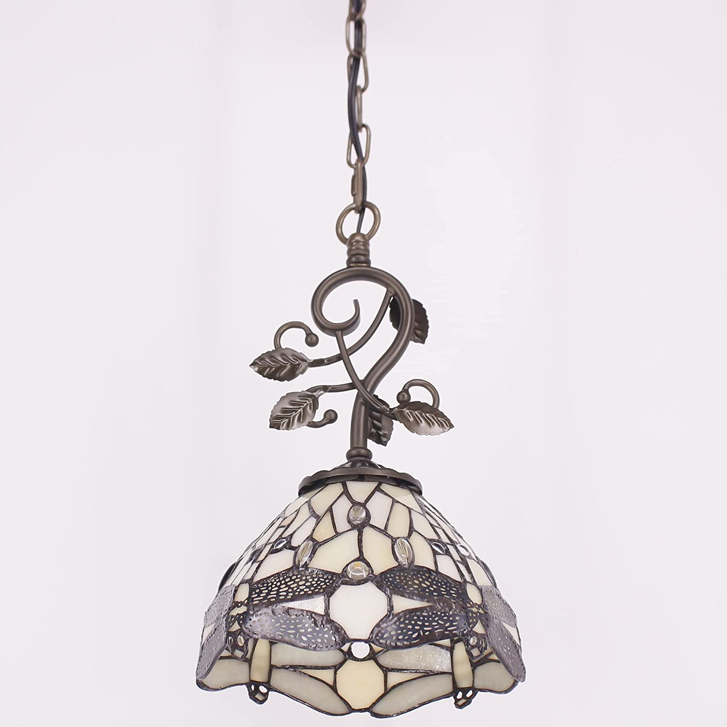 Werfactory® Tiffany Pendant Light - 8 Cream Stained Glass Dragonfly Hanging Lamp