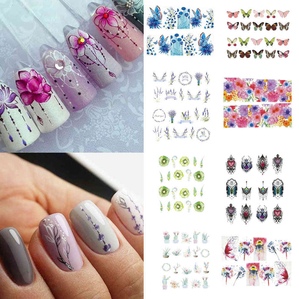 Mixed Flowers Butterfly Design Water Decals Transfer Nail Stickers