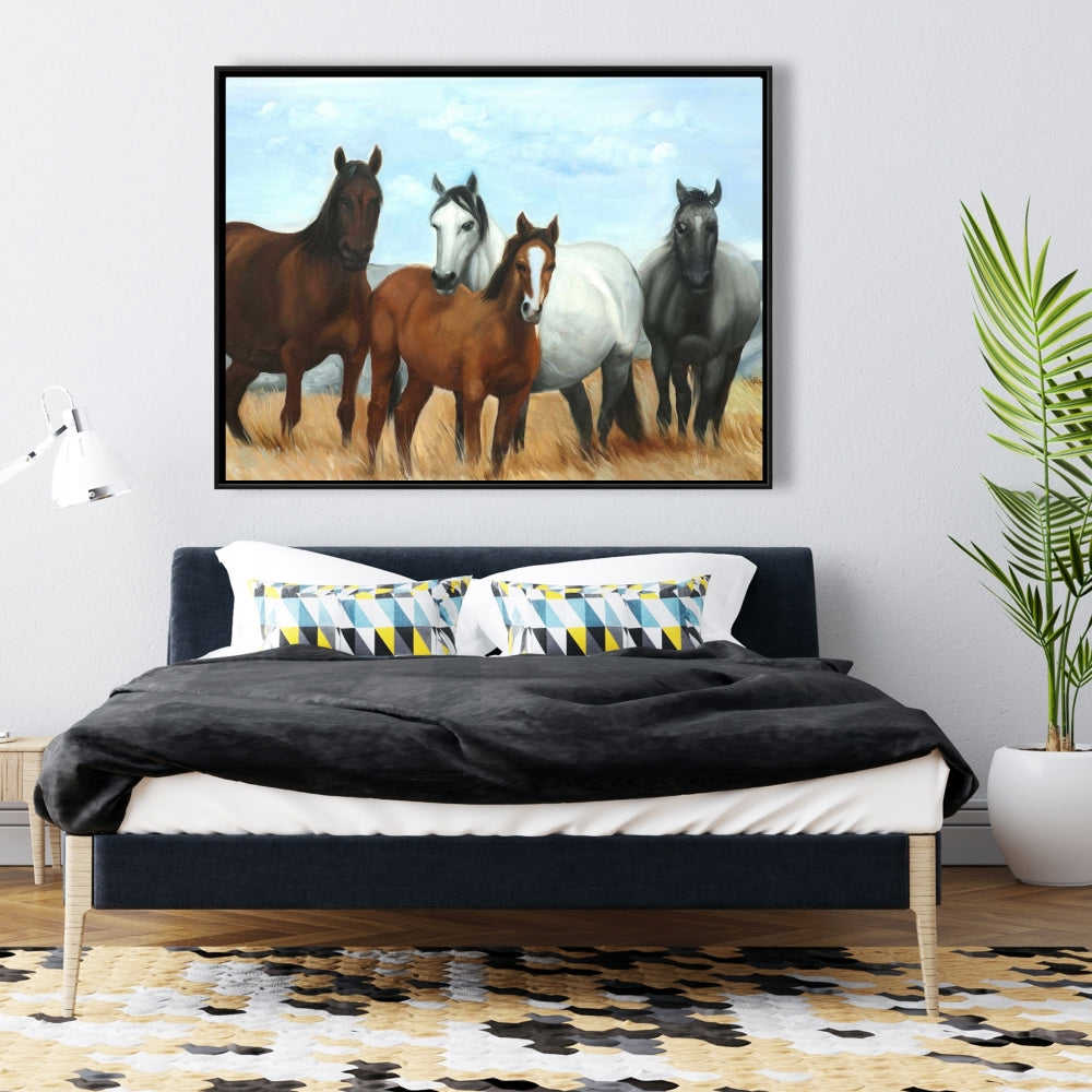 Horses In The Meadow By The Sun - Fine Art Gallery Wrapped Canvas 16x48