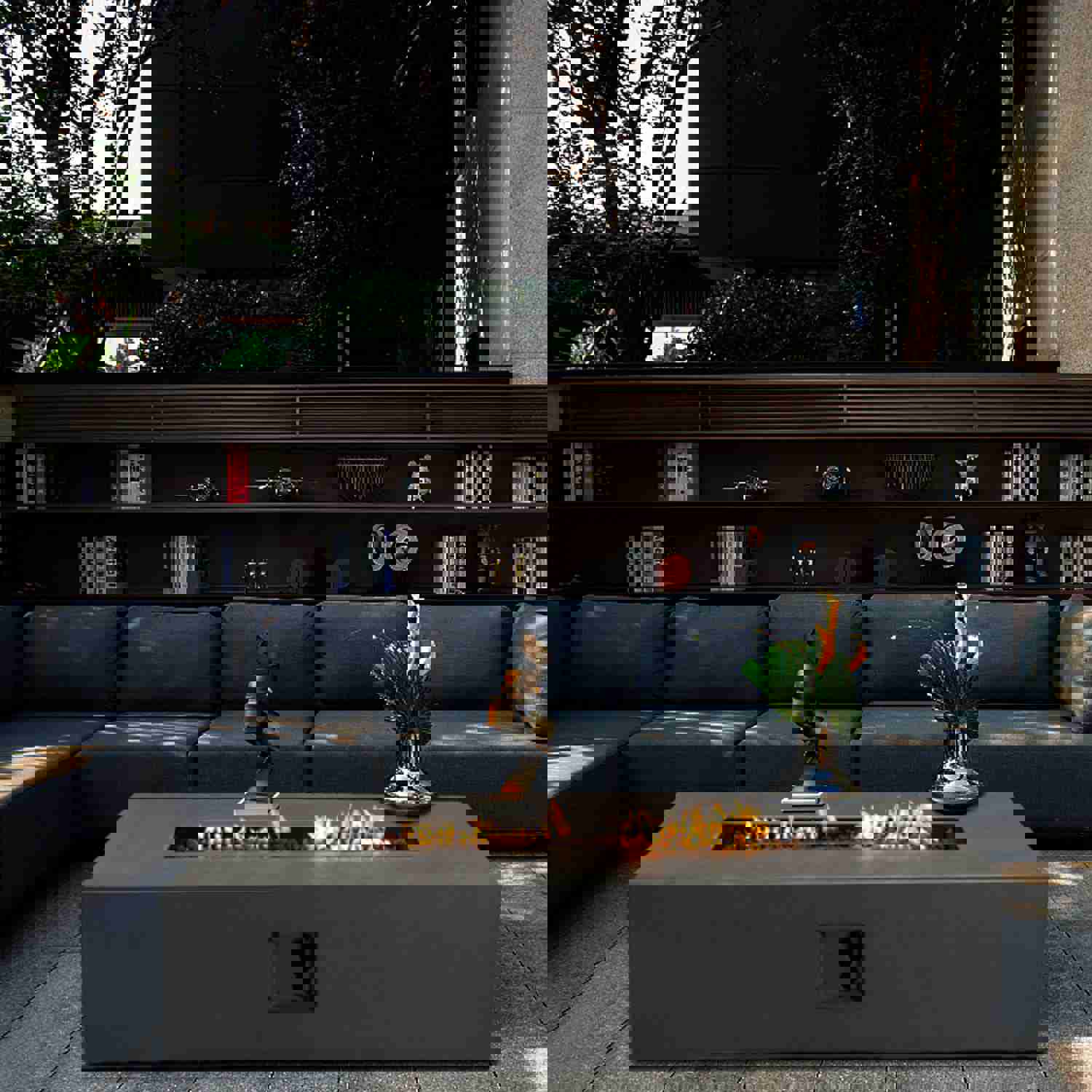 Large Rectangular Concrete Gas Fire Pit Table | 50,000 BTU Outdoor Propane Fire Pit