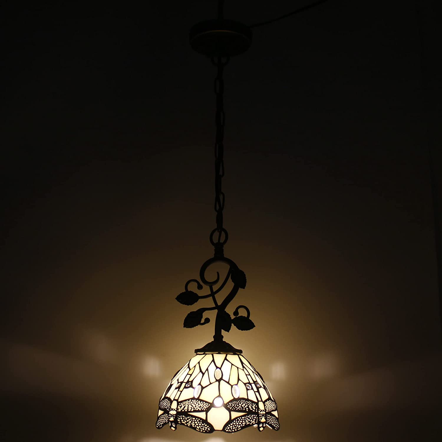 Werfactory® Tiffany Pendant Light - 8 Cream Stained Glass Dragonfly Hanging Lamp