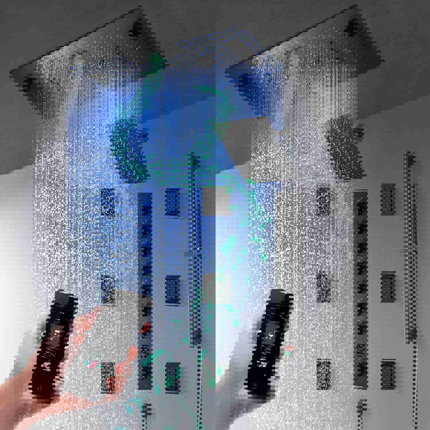 IVEY 36INCH COMPLETE LED MUSIC SHOWER SYSTEM WITH RAINFALL, WATERFALL & WALL MOUNTED SHOWERHEAD