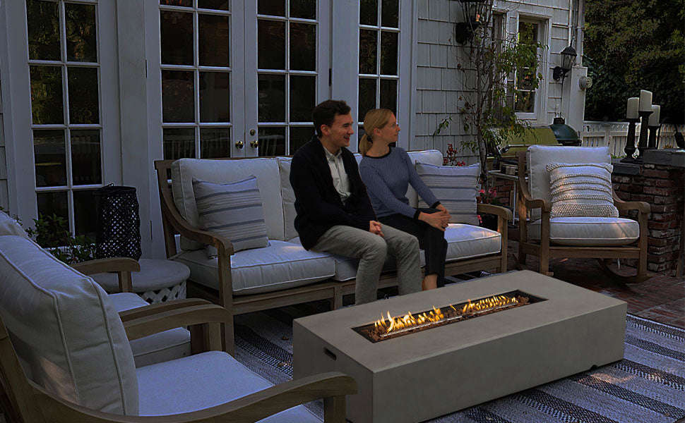 Large Rectangular Concrete Gas Fire Pit Table | 50,000 BTU Outdoor Propane Fire Pit