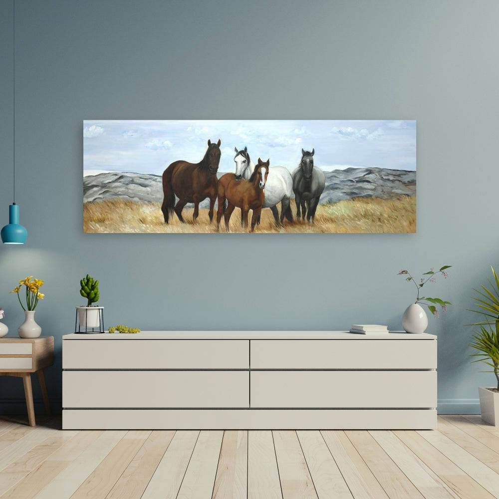 Horses In The Meadow By The Sun - Fine Art Gallery Wrapped Canvas 16x48