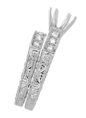 Art Deco Scrolls 1.75 Carat Diamond Engagement Ring Setting and Wedding Ring in 18 Karat White Gold