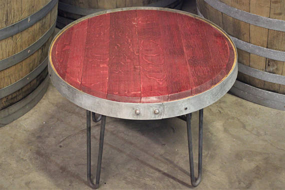 Reclaimed Red Wine Barrel Head Side Table with Hairpin Legs