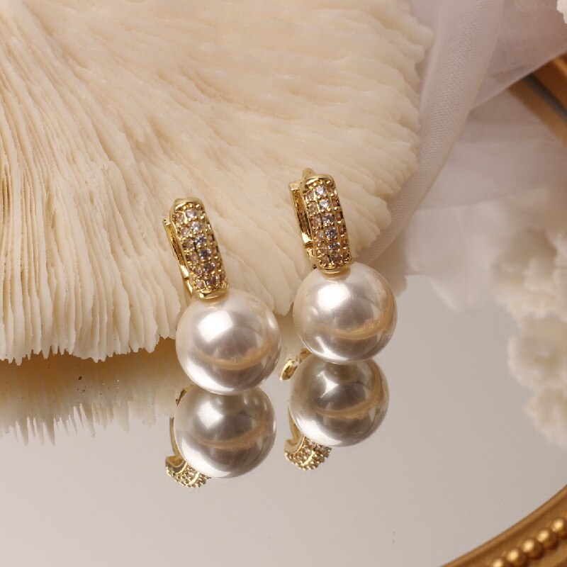 2022 Korean Design Simple Copper Inlaid Zircon Pearl Drop Earrings for Women