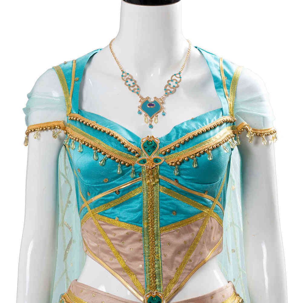 Aladdin Princess Jasmine Naomi Scott Green Blue Dress Cosplay Costume and Accessories