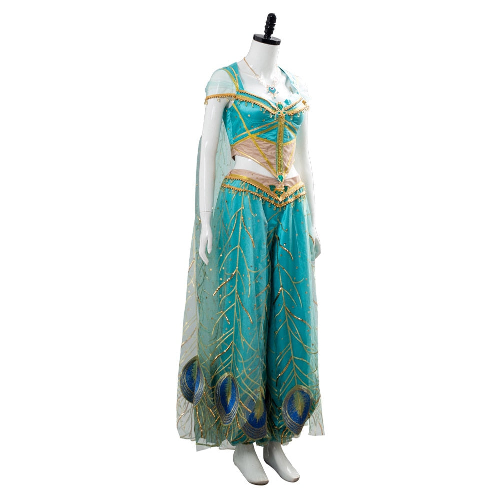 Aladdin Princess Jasmine Naomi Scott Green Blue Dress Cosplay Costume and Accessories