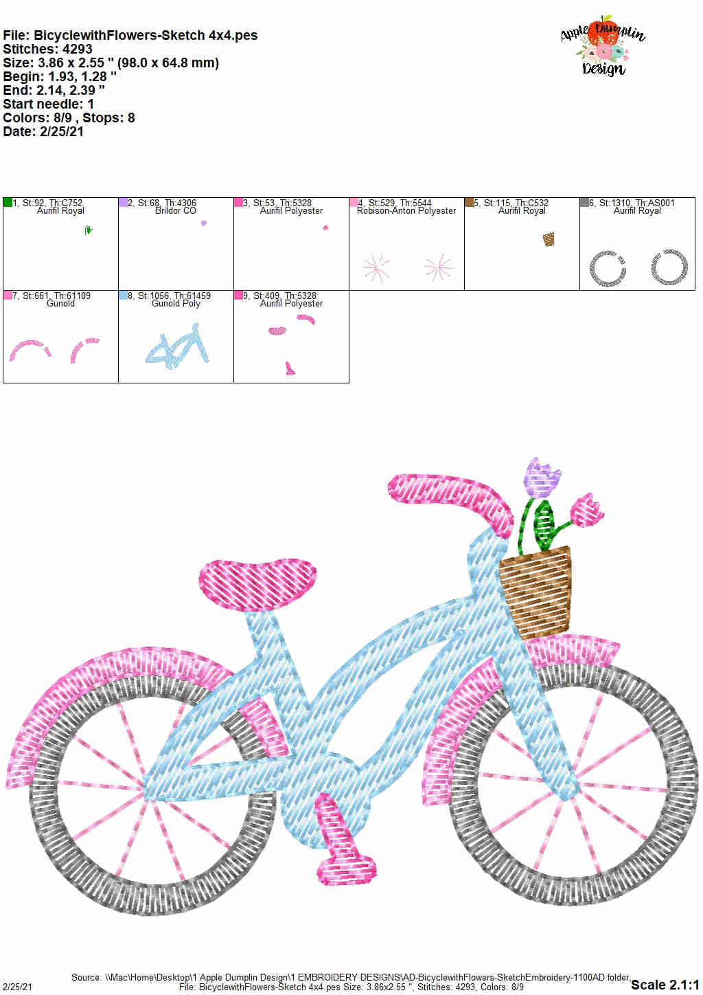 Bicycle with Flowers Sketch Embroidery Design