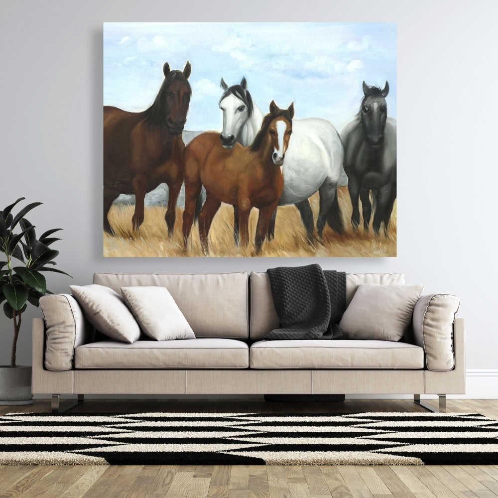 Horses In The Meadow By The Sun - Fine Art Gallery Wrapped Canvas 16x48