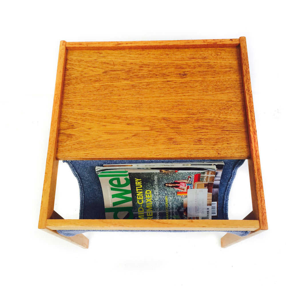 Mid Century Teak Magazine Holder/Side Table with Blue Cloth Sling