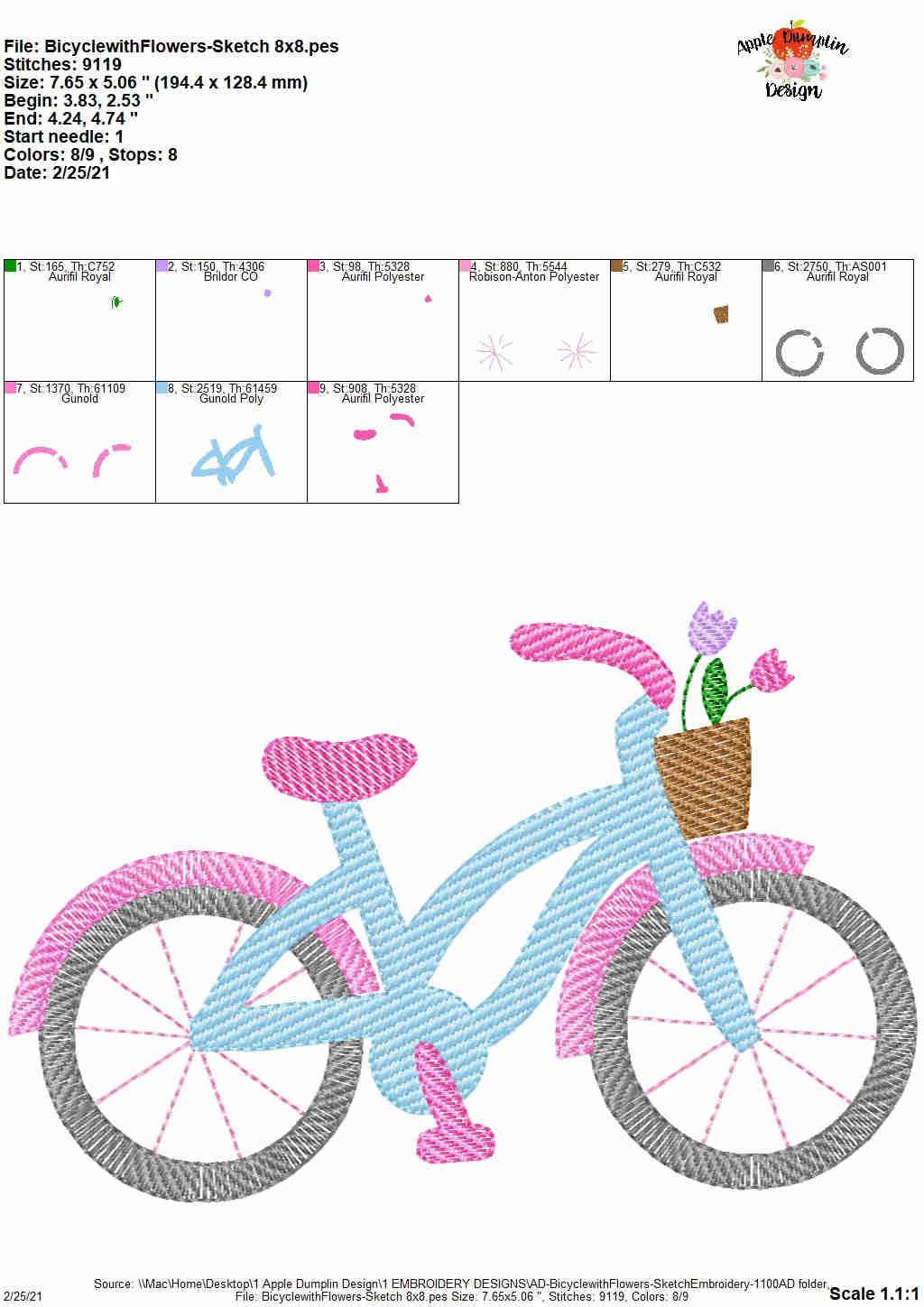 Bicycle with Flowers Sketch Embroidery Design
