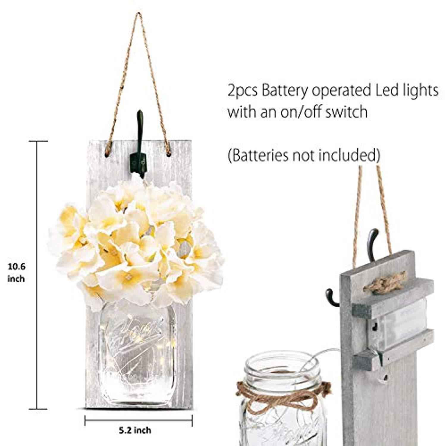 TEEHOME Rustic Hanging Mason Jar Sconces with LED Fairy Lights, Vintage Wrought Iron Hooks, Silk Hydrangea Flower LED Strip Lights - Set of 2
