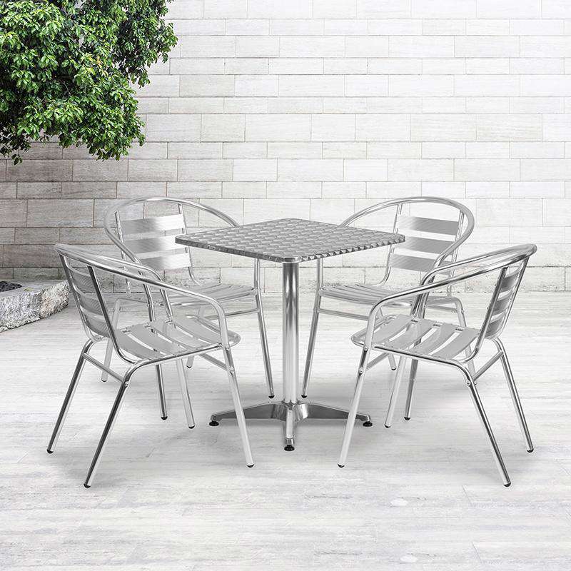 Flash Furniture 23.5 Square Aluminum Indoor-Outdoor Table Set with 4 Slat Back Chairs