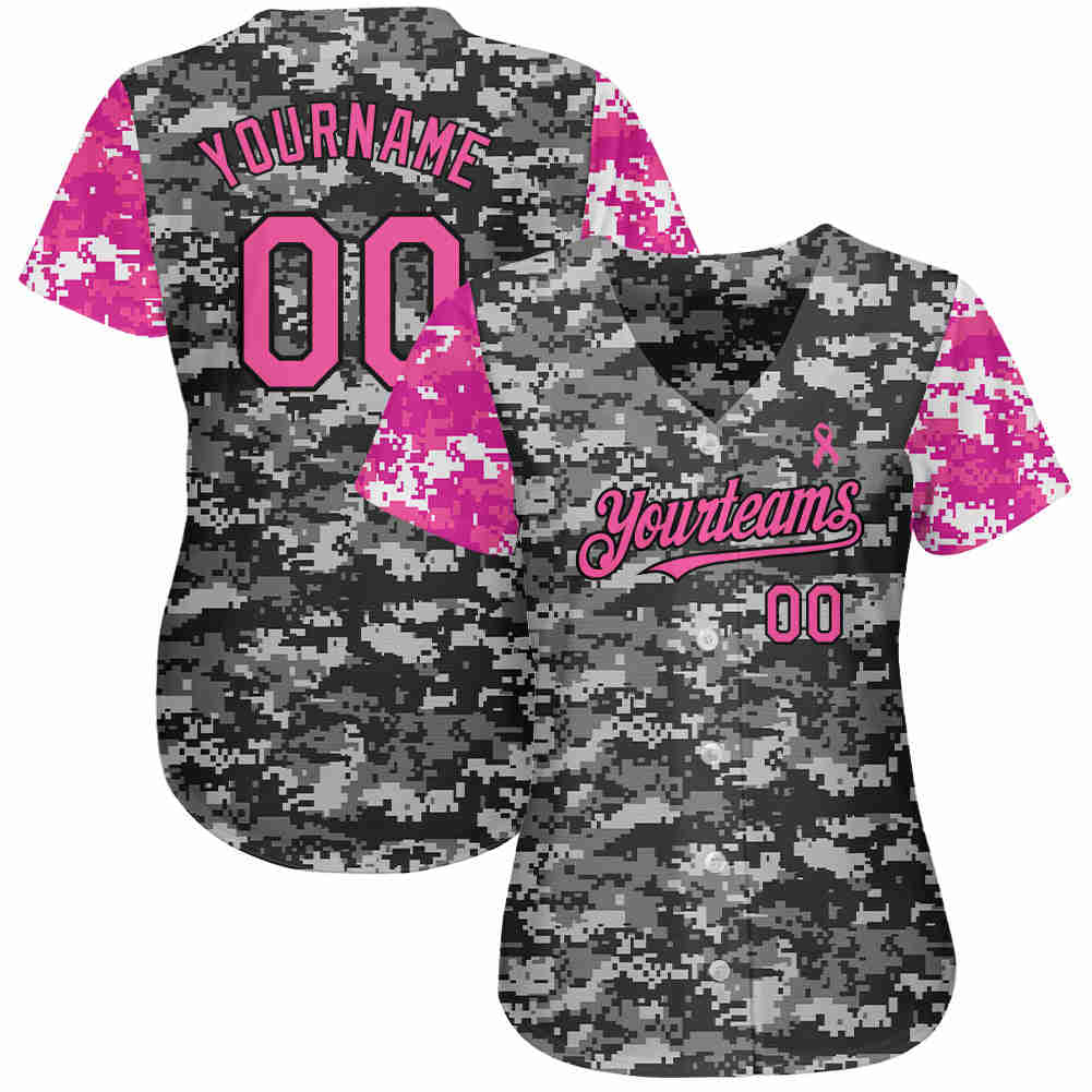 Custom Camo Pink-Black 3D Pink Ribbon Breast Cancer Awareness Women's Baseball Jersey