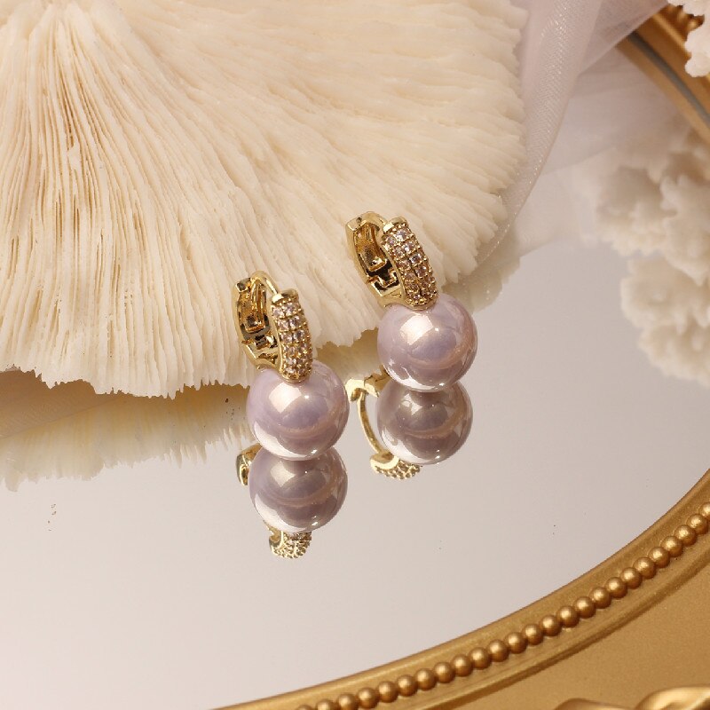 2022 Korean Design Simple Copper Inlaid Zircon Pearl Drop Earrings for Women