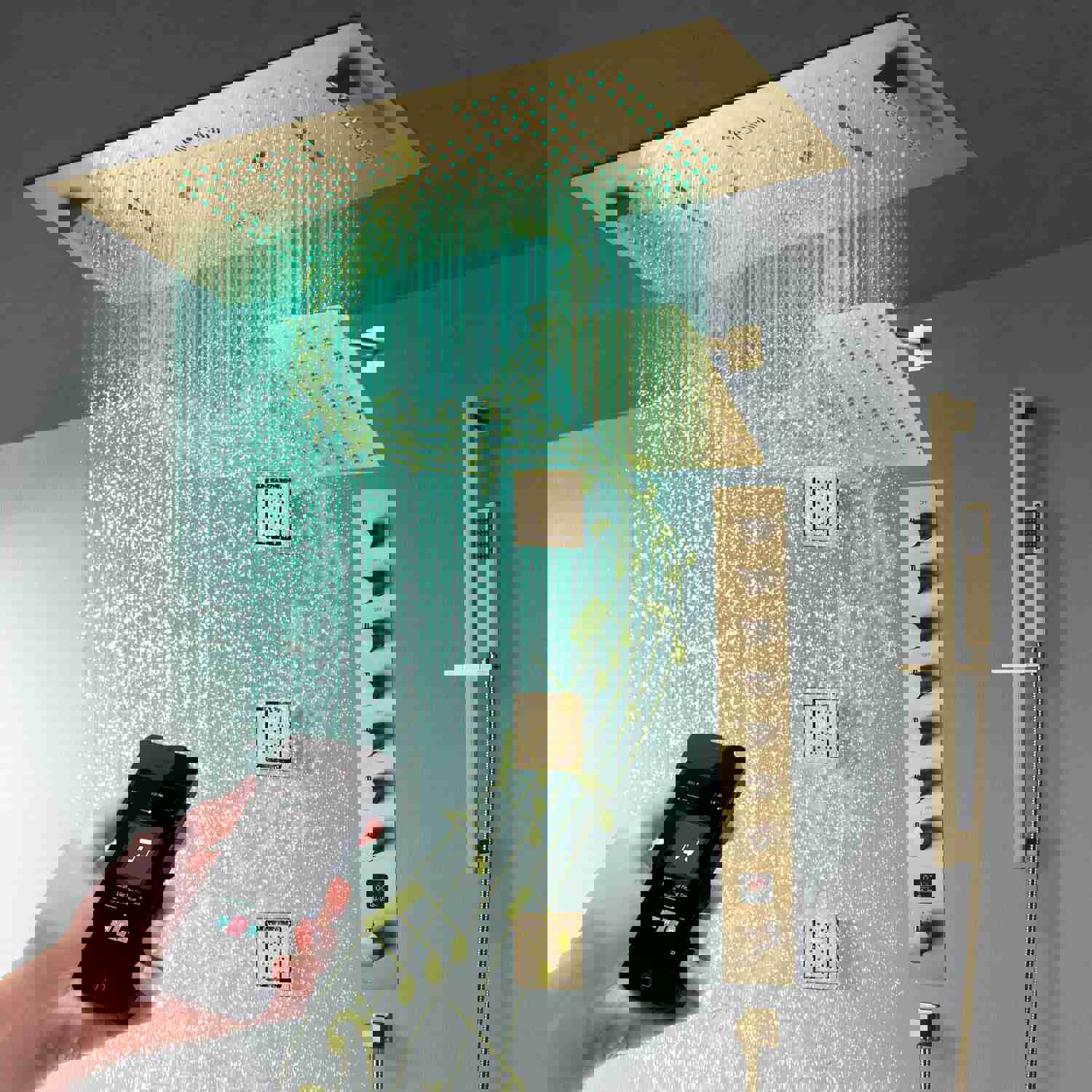 IVEY 36INCH COMPLETE LED MUSIC SHOWER SYSTEM WITH RAINFALL, WATERFALL & WALL MOUNTED SHOWERHEAD