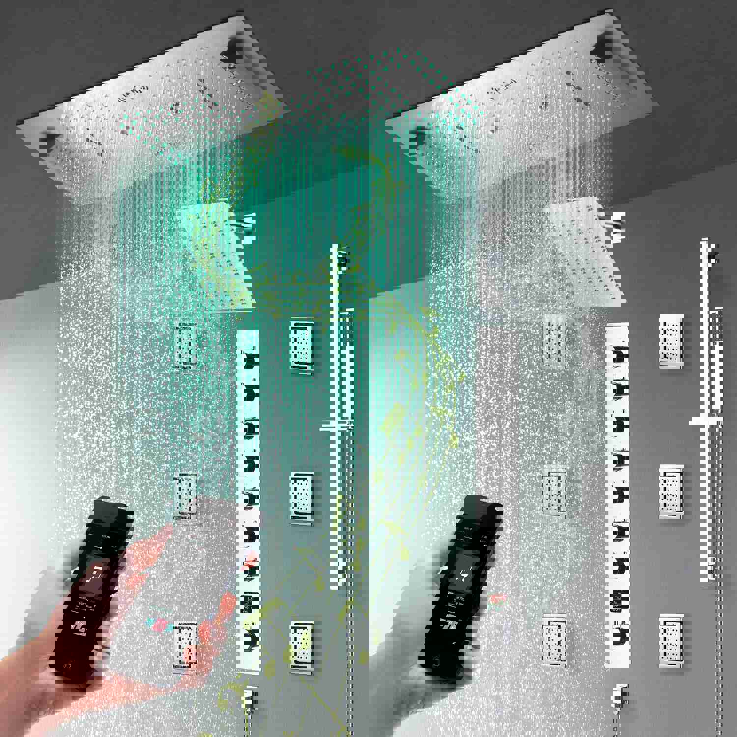 IVEY 36INCH COMPLETE LED MUSIC SHOWER SYSTEM WITH RAINFALL, WATERFALL & WALL MOUNTED SHOWERHEAD