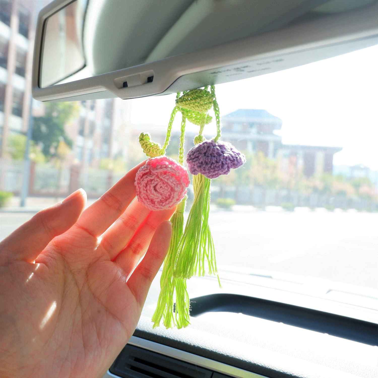 2Pcs Crochet Car Mirror Accessories - Roses