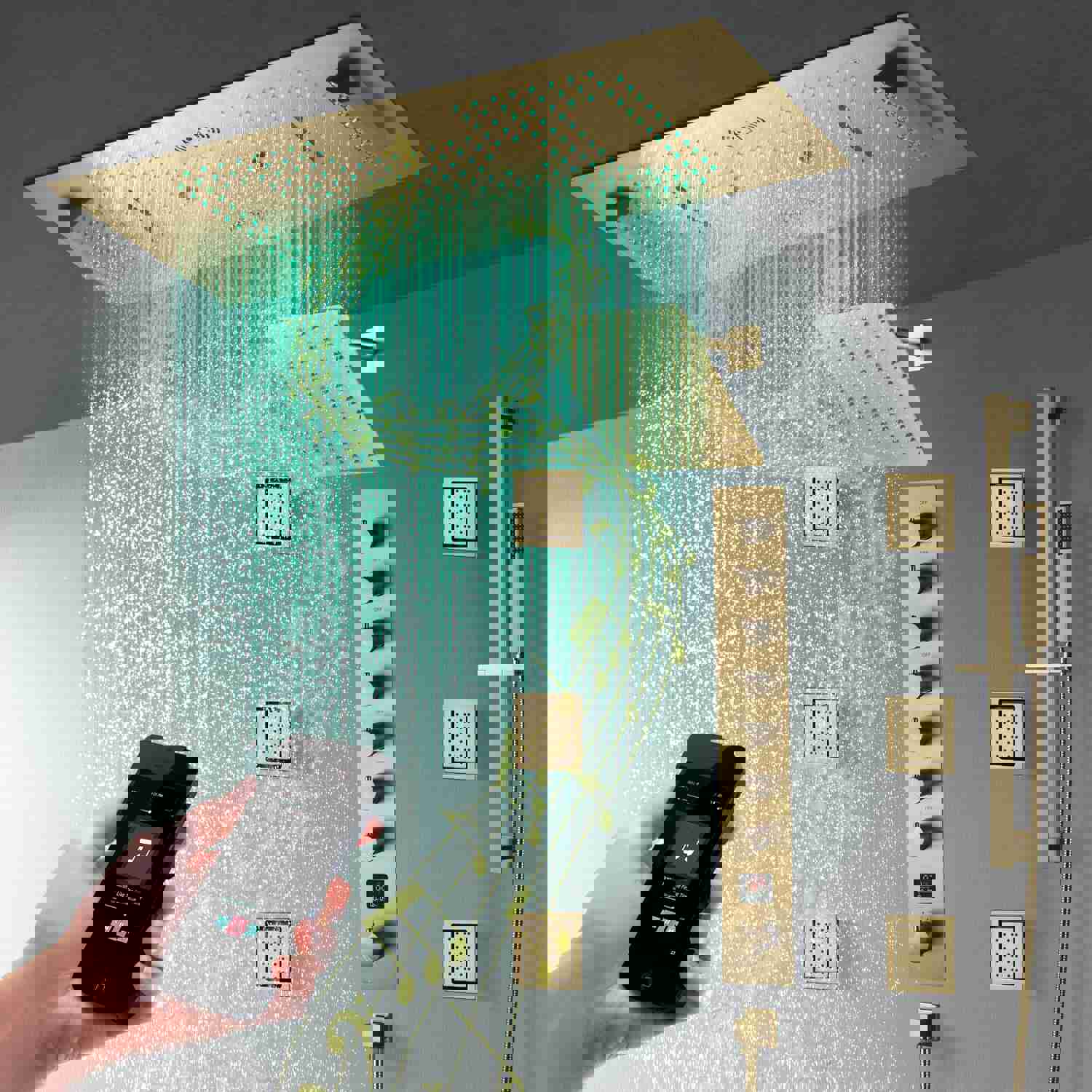 IVEY 36INCH COMPLETE LED MUSIC SHOWER SYSTEM WITH RAINFALL, WATERFALL & WALL MOUNTED SHOWERHEAD