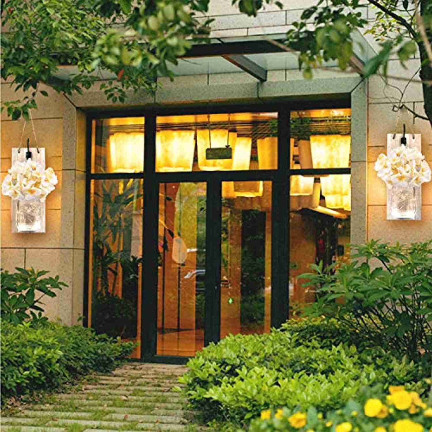 TEEHOME Rustic Hanging Mason Jar Sconces with LED Fairy Lights, Vintage Wrought Iron Hooks, Silk Hydrangea Flower LED Strip Lights - Set of 2