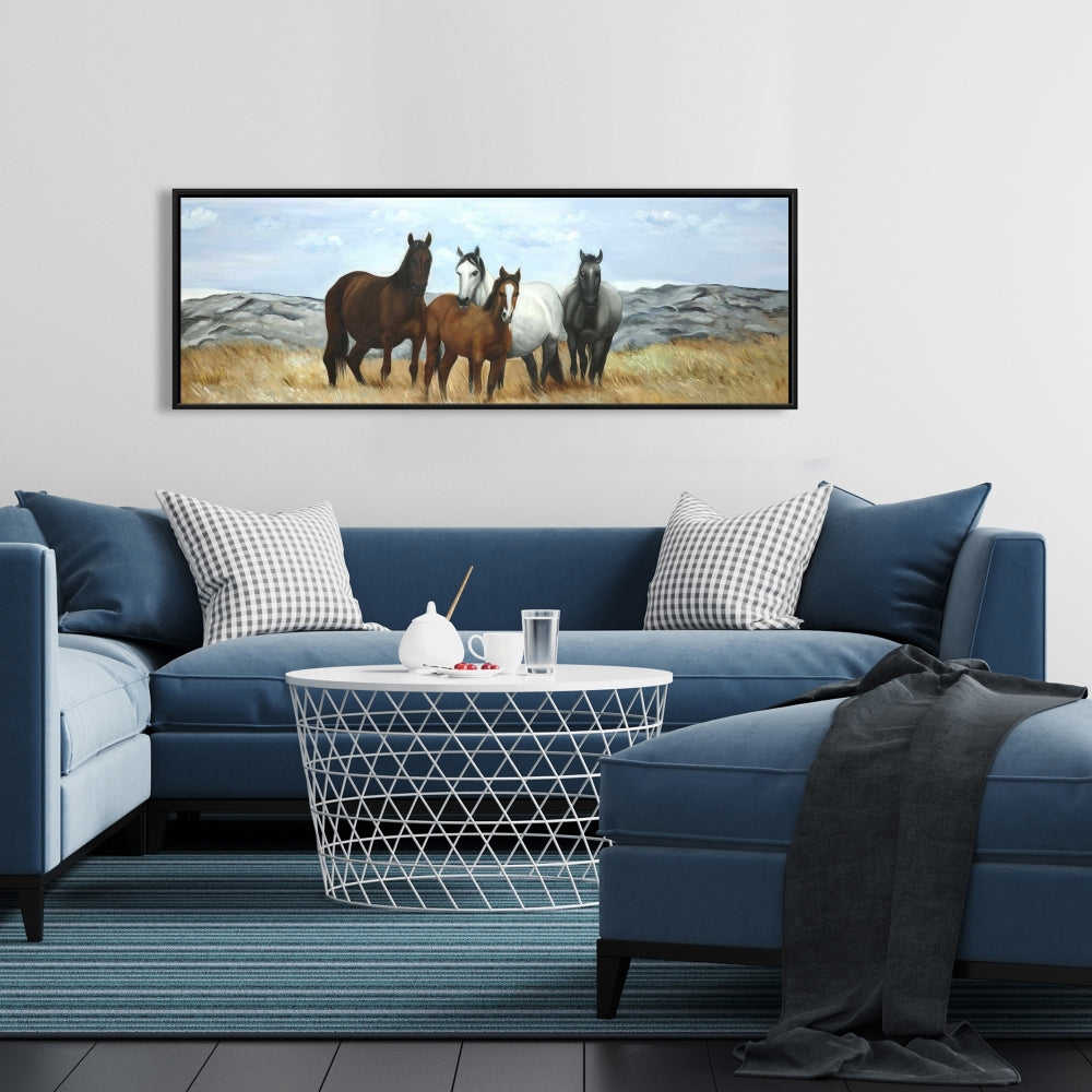 Horses In The Meadow By The Sun - Fine Art Gallery Wrapped Canvas 16x48