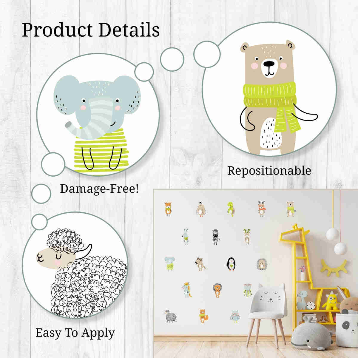 Colored Animals Wall Decals - 18 Cute Animal Stickers for Kids Room Decor