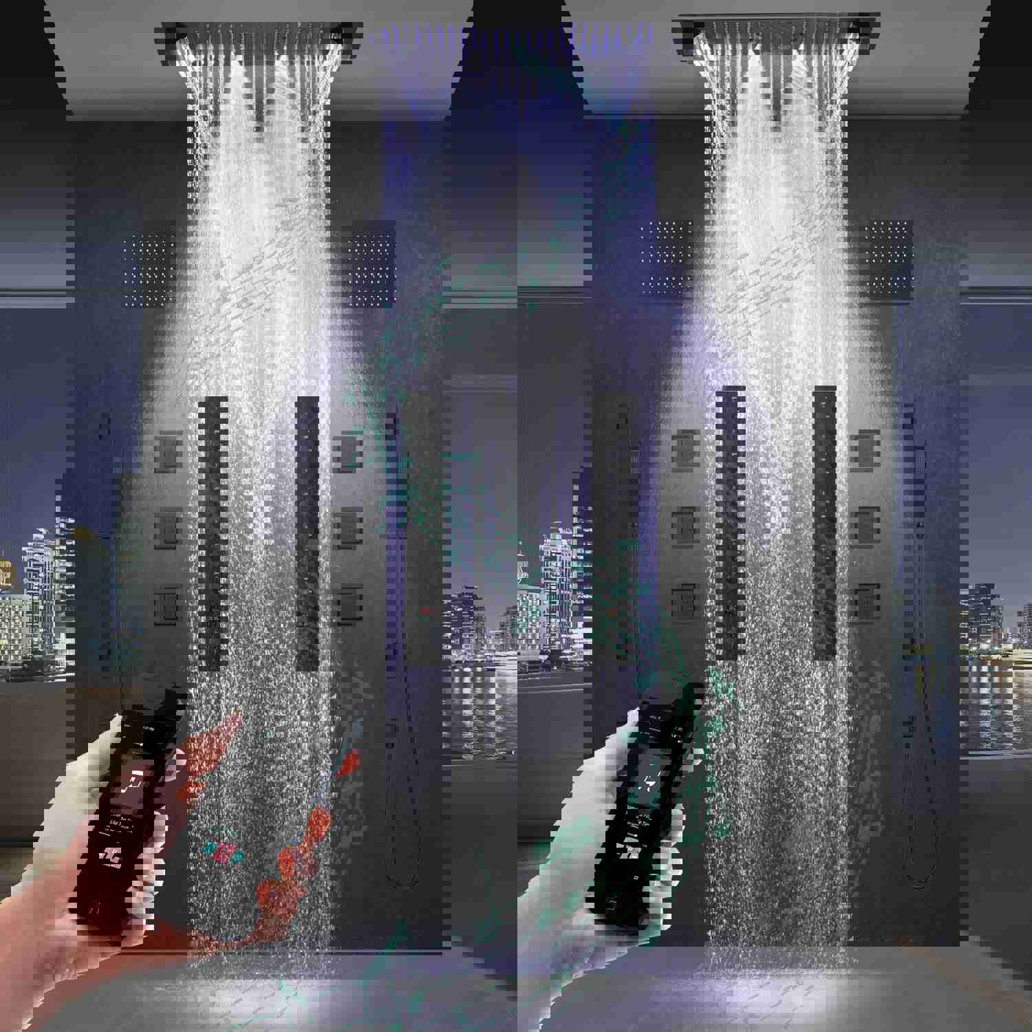 COLORADO 36X16 IN DUAL SHOWERHEAD 7 FUNCTIONS LED MUSIC SHOWER SYSTEM WITH 6 BODY JETS