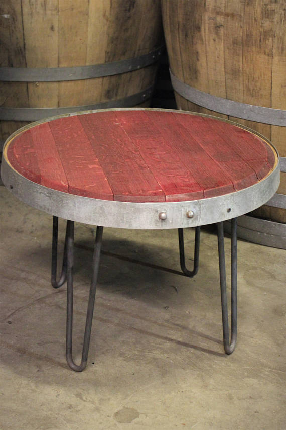 Reclaimed Red Wine Barrel Head Side Table with Hairpin Legs
