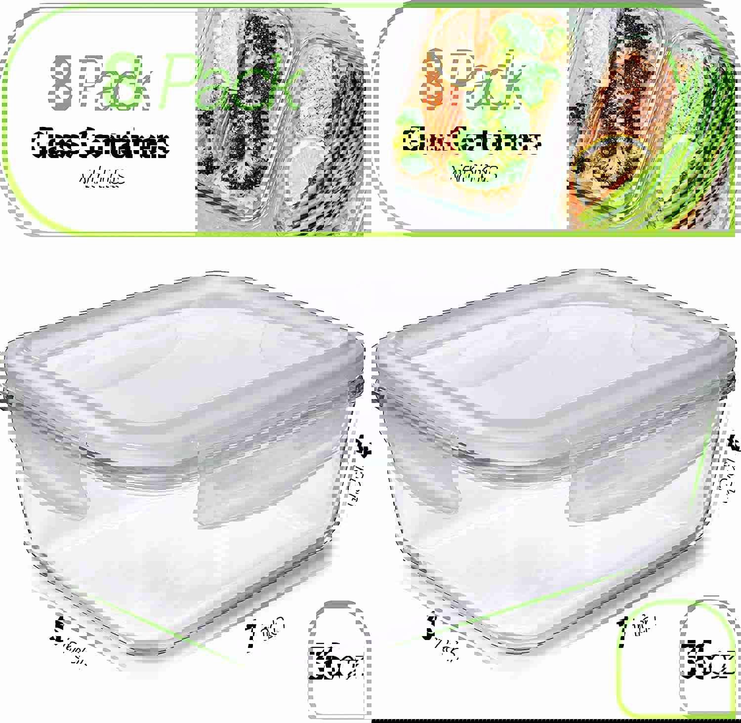 Prep Naturals Glass Meal Prep Containers - 8 Pack, 36 Ounce, BPA-Free, Airtight Food Storage