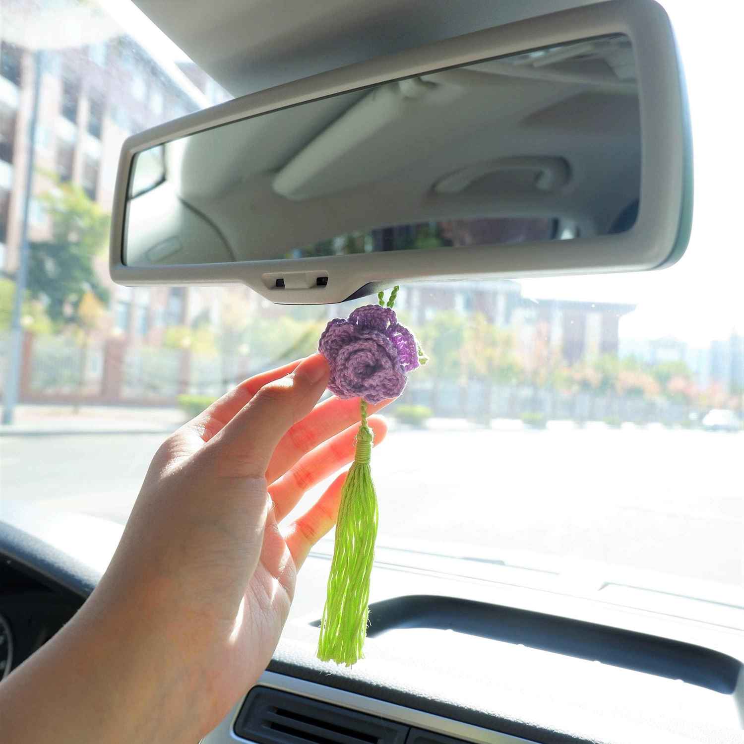 2Pcs Crochet Car Mirror Accessories - Roses
