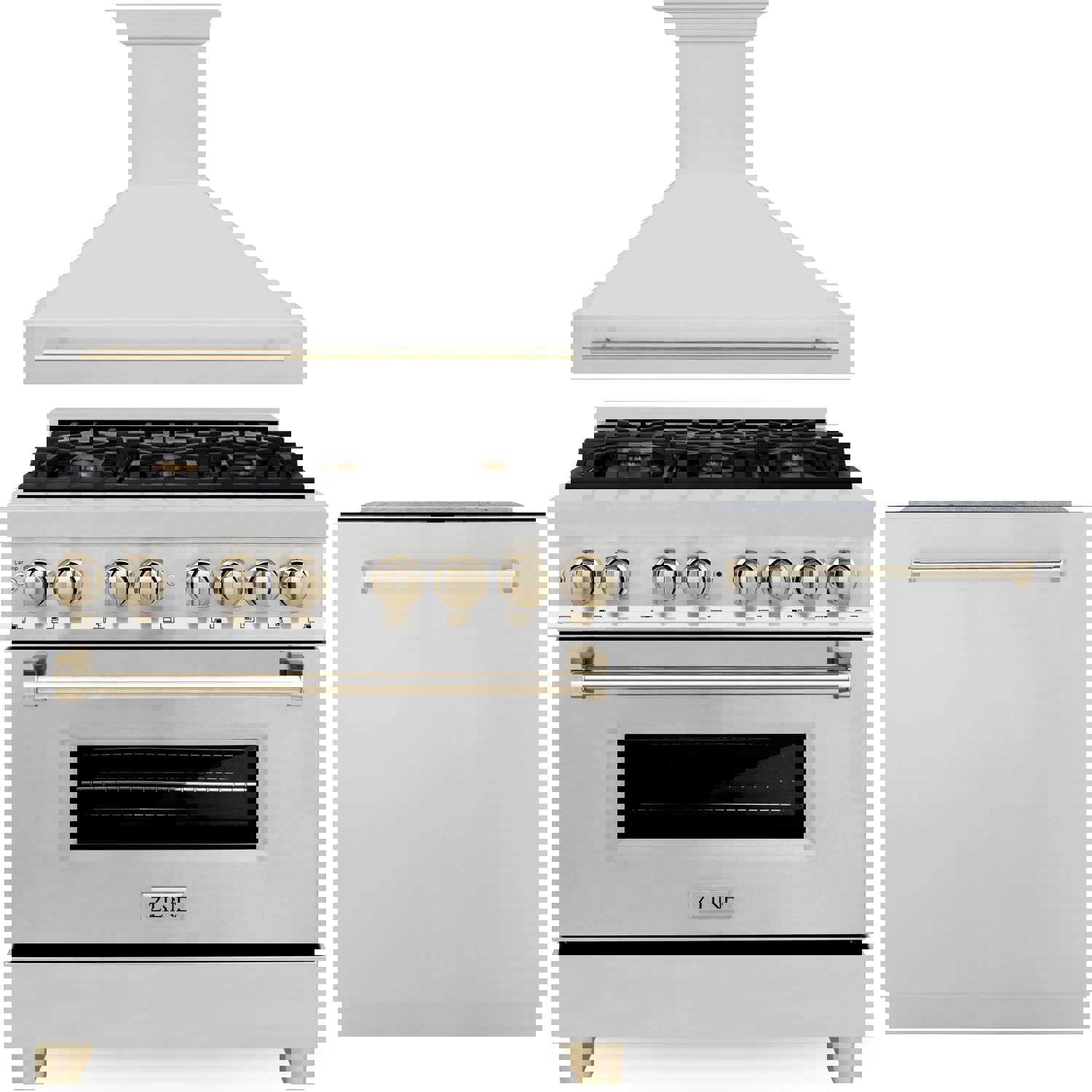 ZLINE Autograph Edition 3-Piece Appliance Package - 36-Inch Dual Fuel Range, Wall Mounted Range Hood & 24-Inch Dishwasher in Stainless Steel with Gold Trim