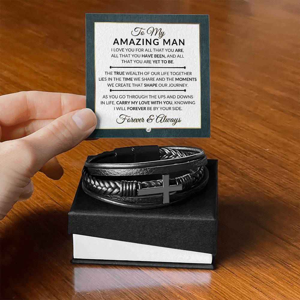 Mens Braided Leather Bracelet with Cross - Unique Gift for Him