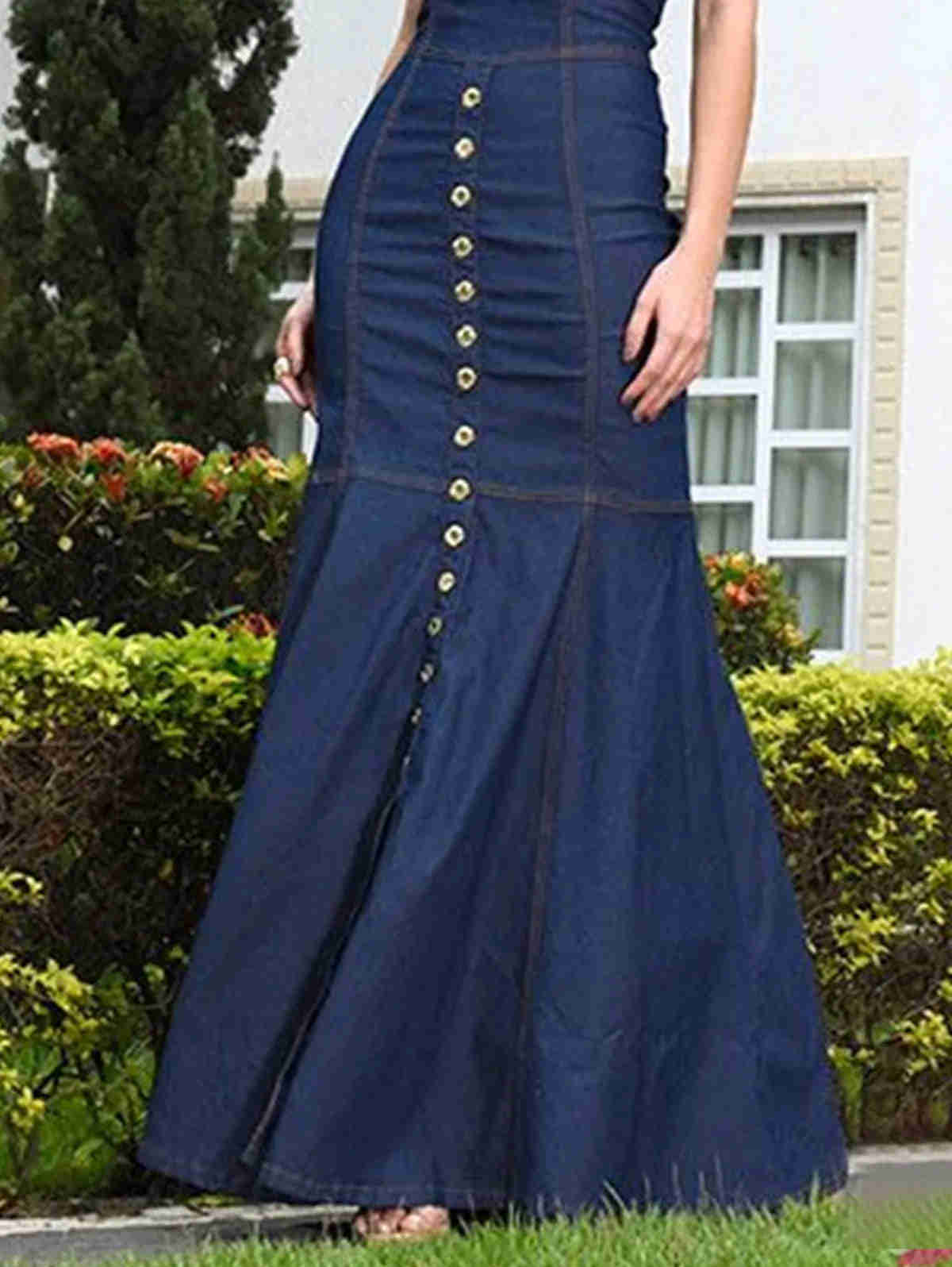 Nukty Women's Sexy Slim Stretch Denim Maxi Bodycon Dress