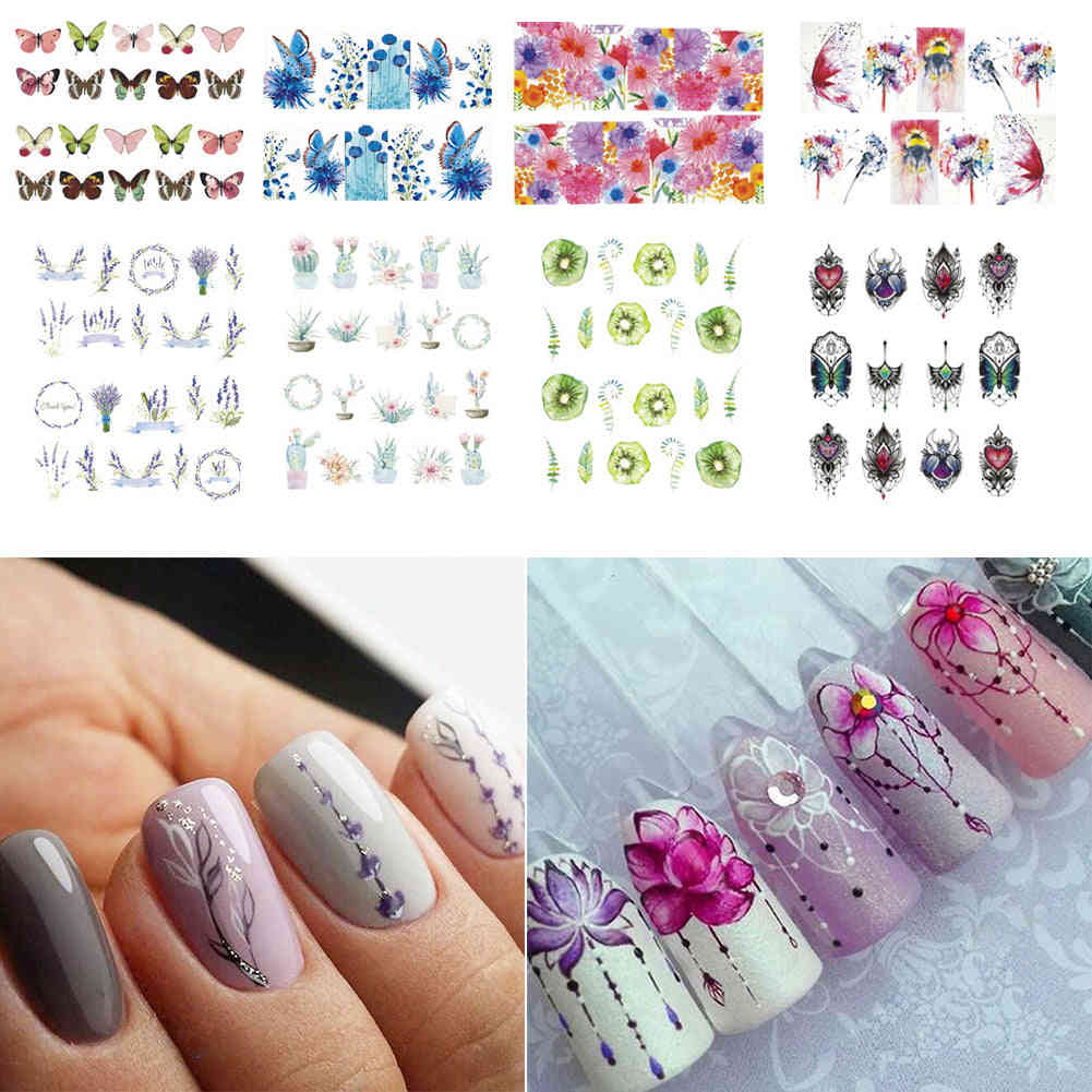 Mixed Flowers Butterfly Design Water Decals Transfer Nail Stickers