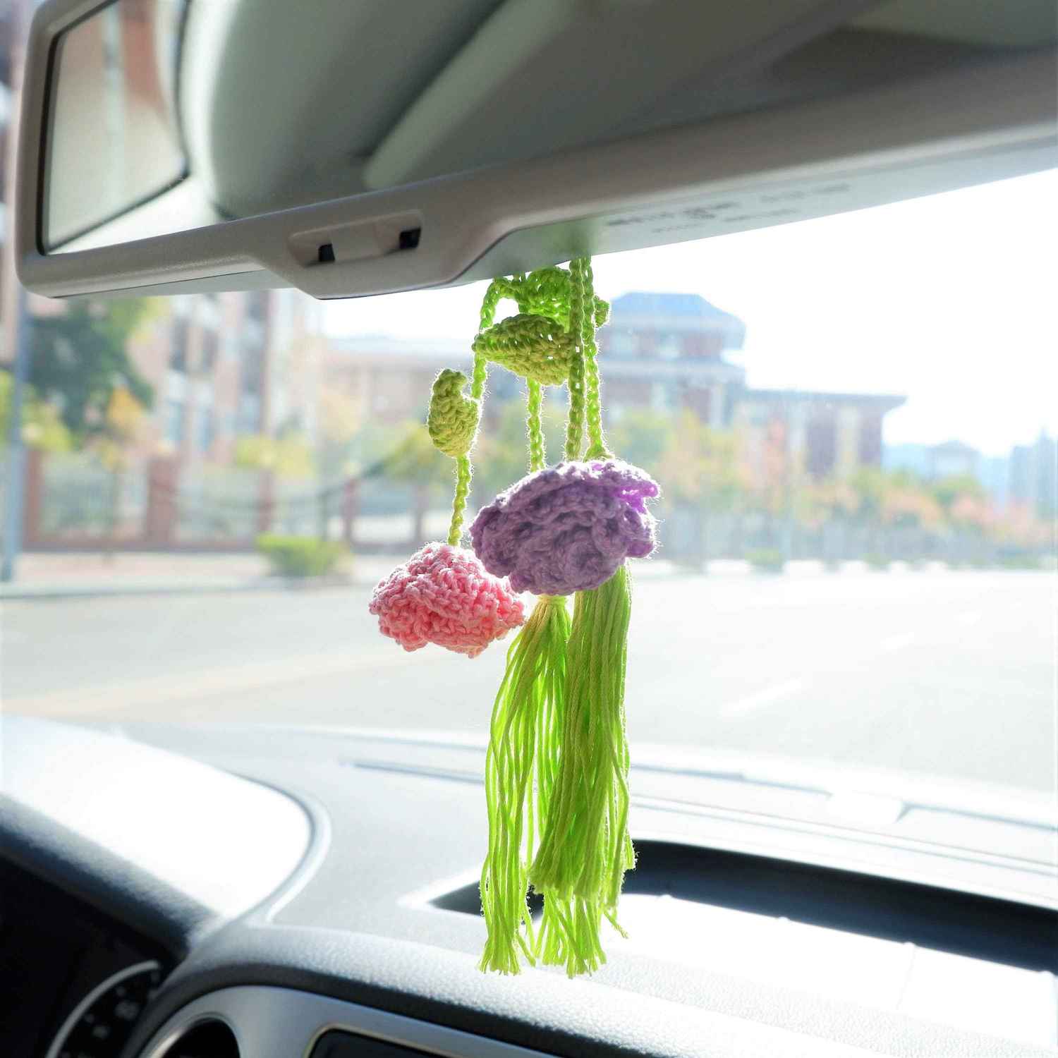 2Pcs Crochet Car Mirror Accessories - Roses