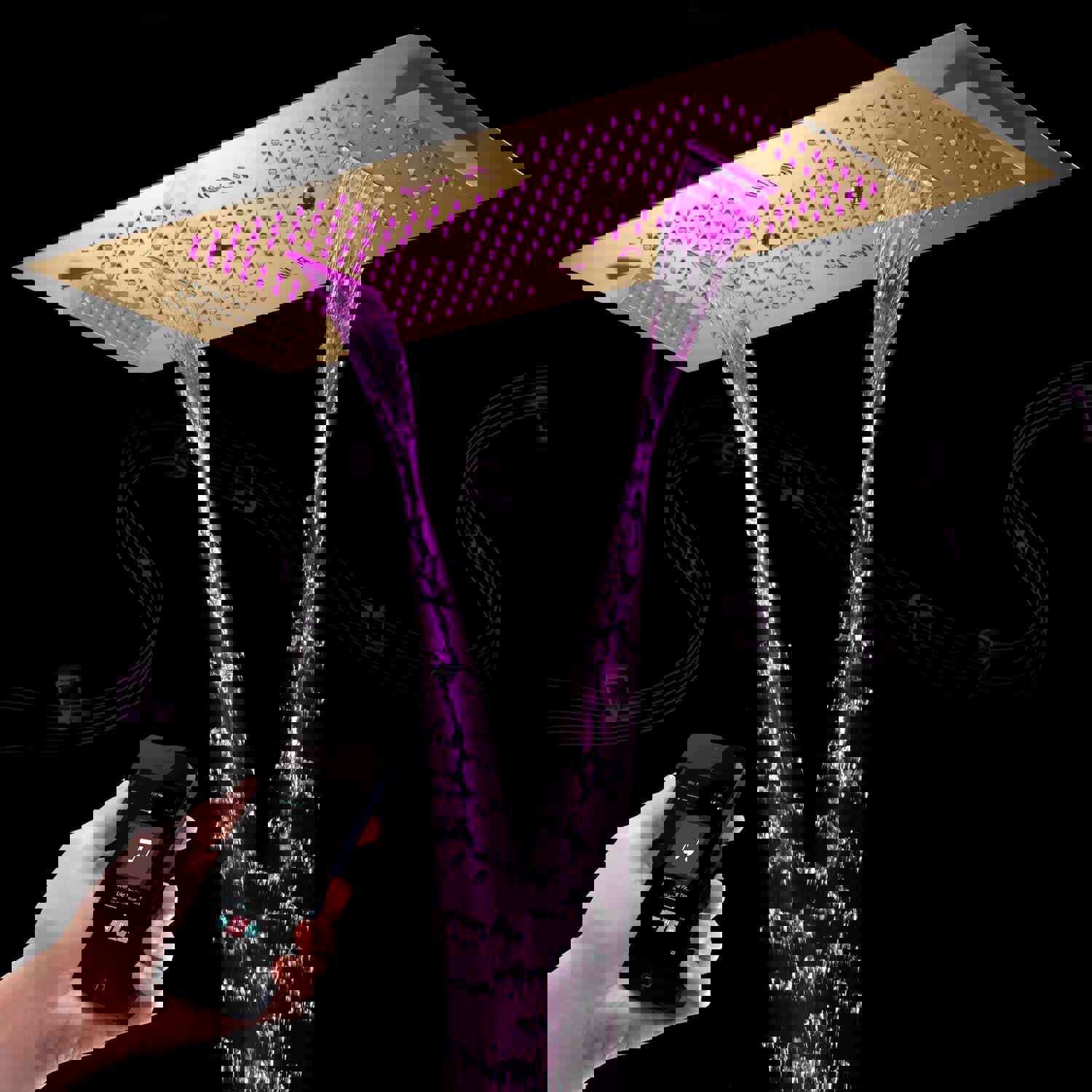 IVEY 36INCH COMPLETE LED MUSIC SHOWER SYSTEM WITH RAINFALL, WATERFALL & WALL MOUNTED SHOWERHEAD