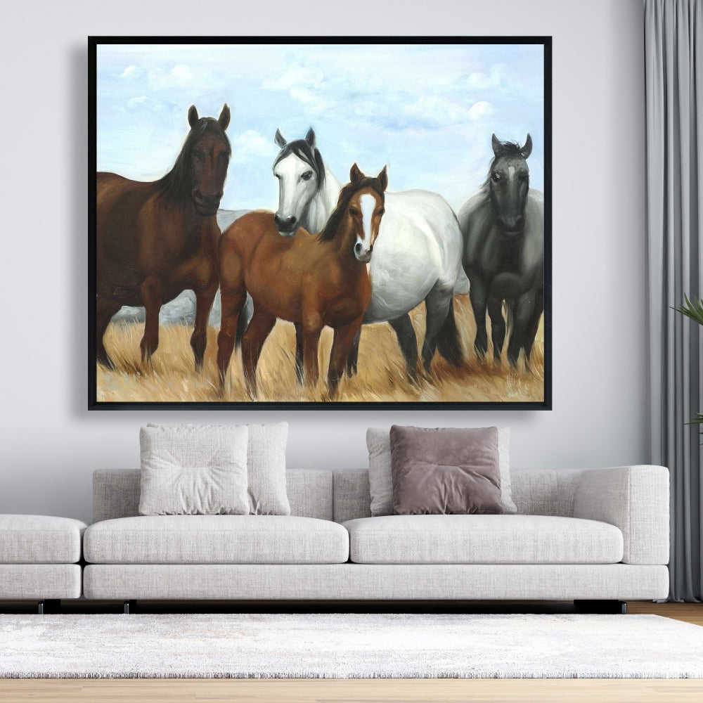 Horses In The Meadow By The Sun - Fine Art Gallery Wrapped Canvas 16x48