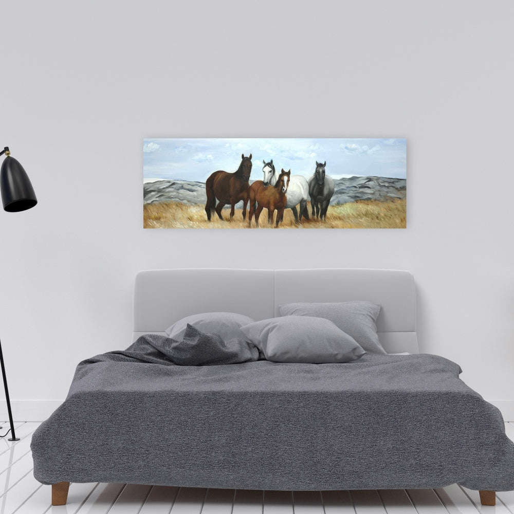 Horses In The Meadow By The Sun - Fine Art Gallery Wrapped Canvas 16x48