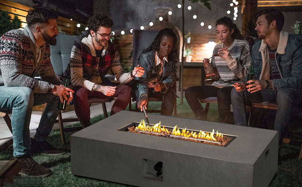 Large Rectangular Concrete Gas Fire Pit Table | 50,000 BTU Outdoor Propane Fire Pit