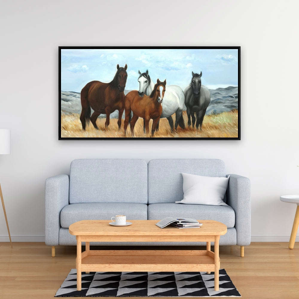 Horses In The Meadow By The Sun - Fine Art Gallery Wrapped Canvas 16x48