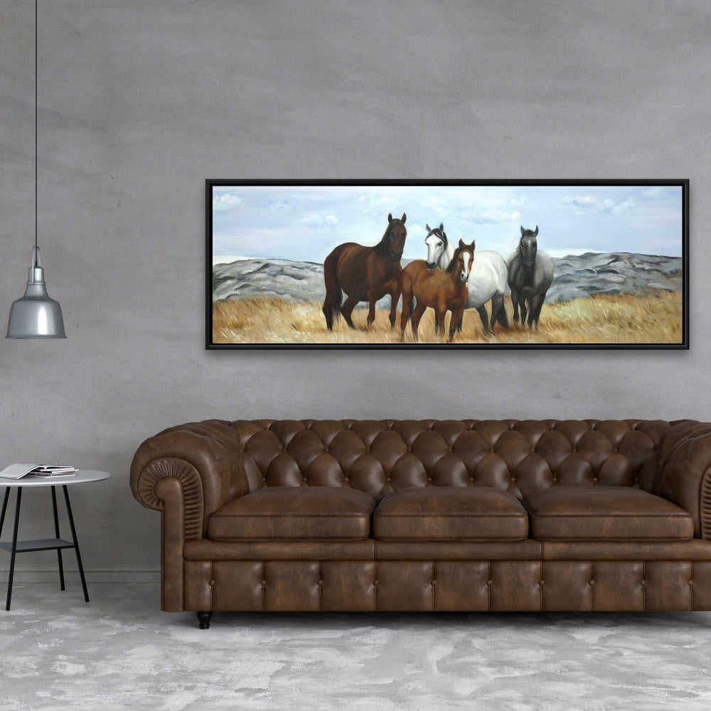 Horses In The Meadow By The Sun - Fine Art Gallery Wrapped Canvas 16x48
