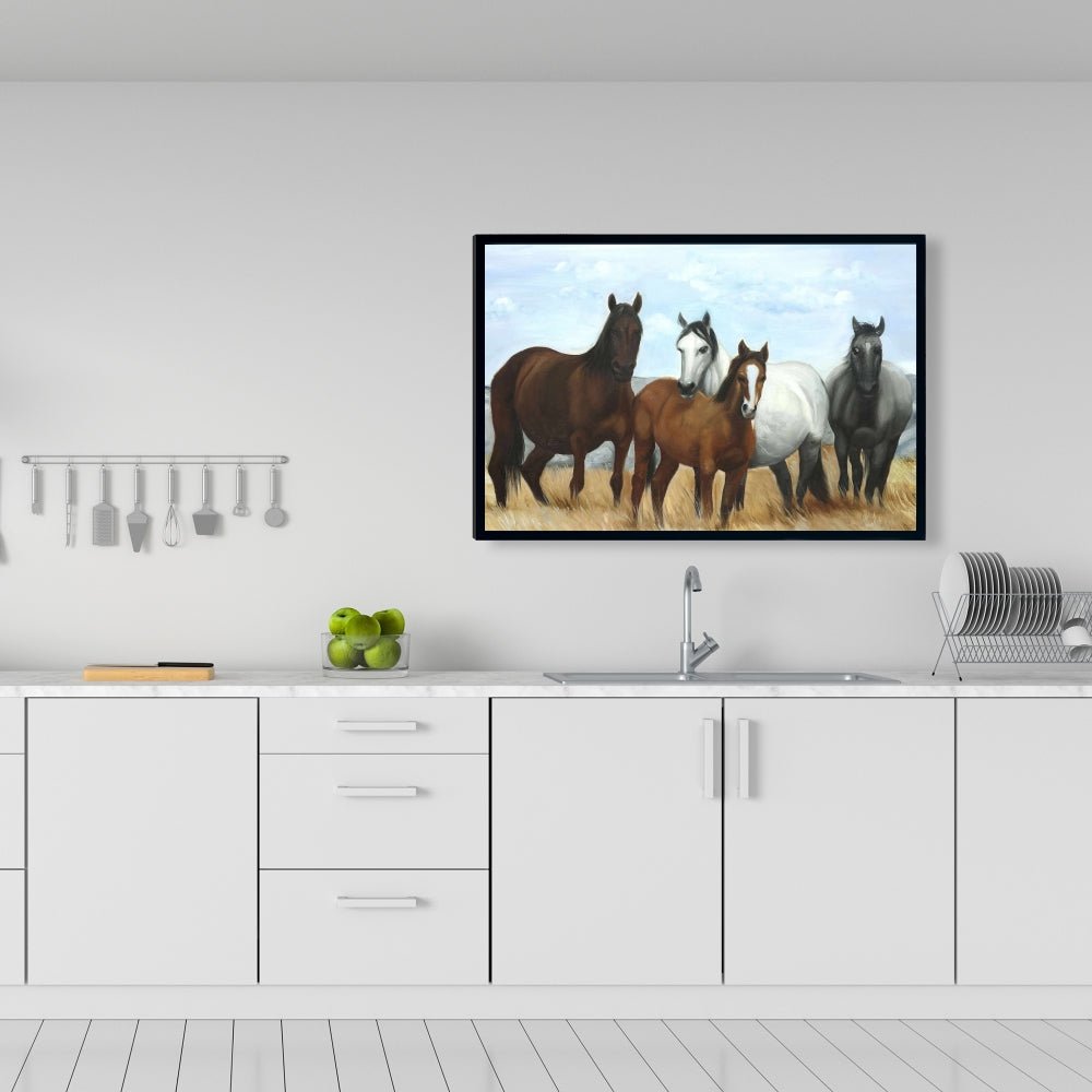 Horses In The Meadow By The Sun - Fine Art Gallery Wrapped Canvas 16x48