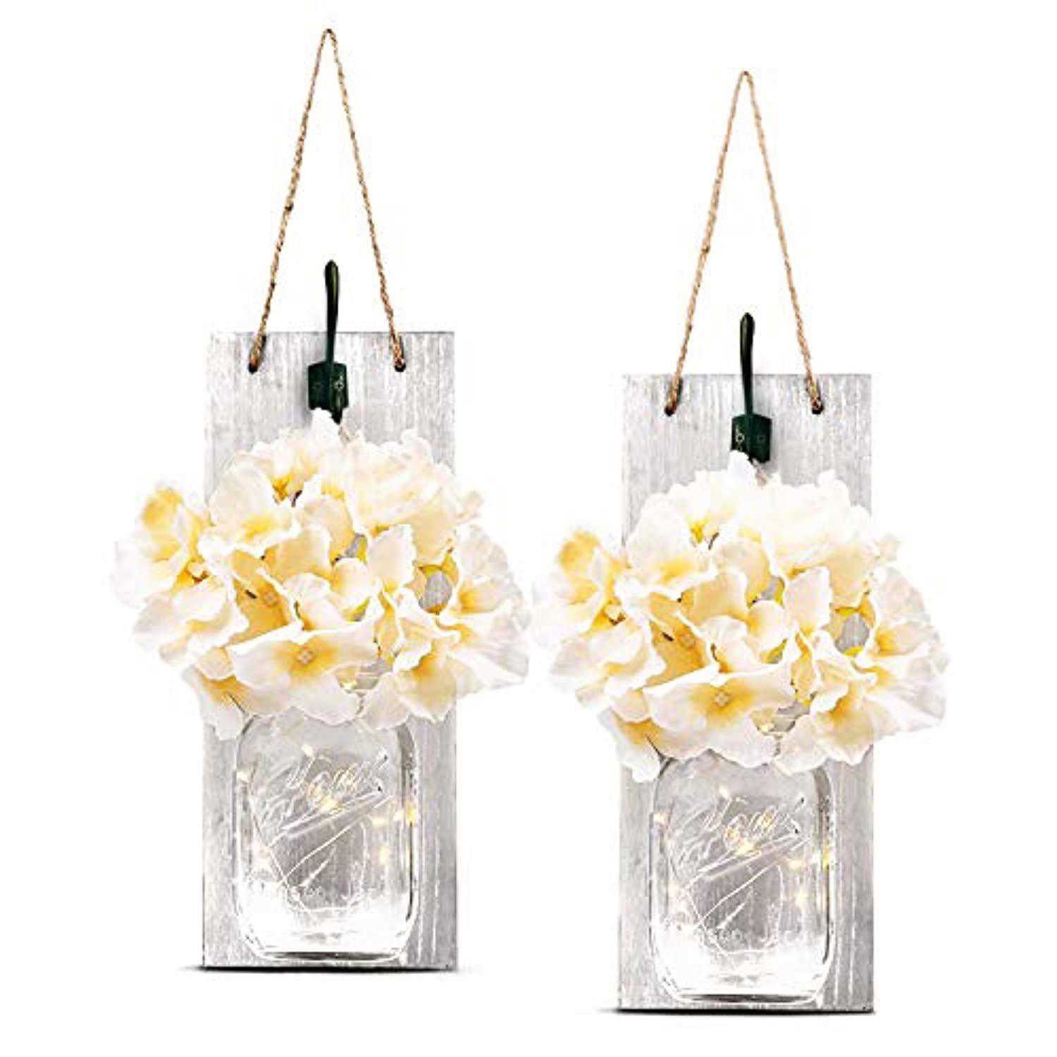 TEEHOME Rustic Hanging Mason Jar Sconces with LED Fairy Lights, Vintage Wrought Iron Hooks, Silk Hydrangea Flower LED Strip Lights - Set of 2