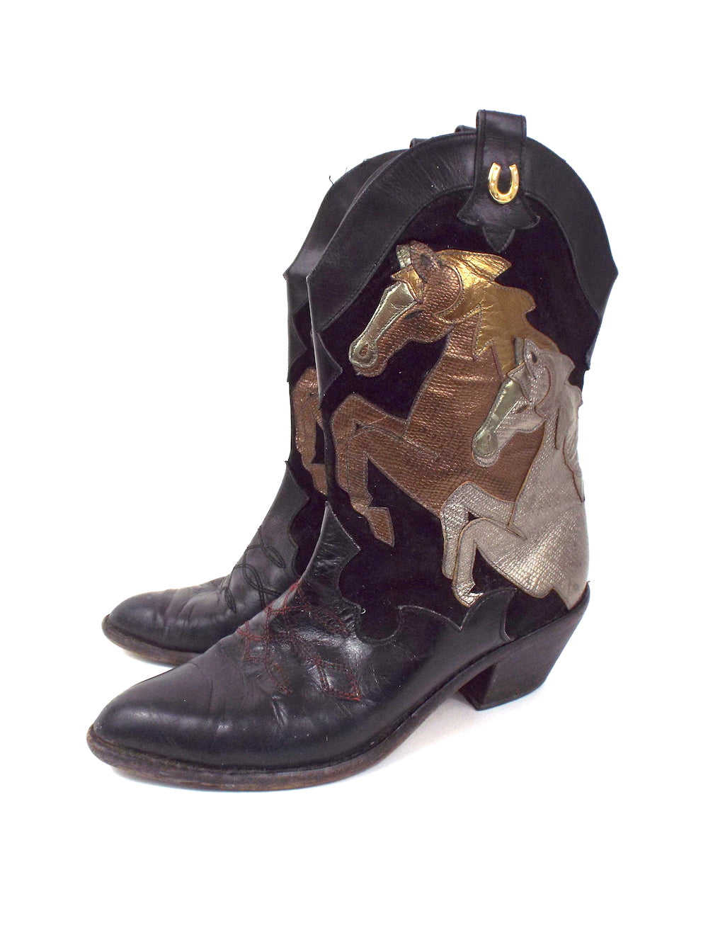 Vintage Metallic Horse Design Cowboy Boots - Size 7