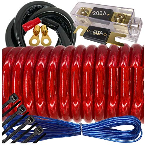 SoundXtreme 6000 Watts MaxPower 0 Gauge Car Audio Amplifier Installation Kit with 17 ft Power Cable, 150+200A Fuse, and Accessories - RED
